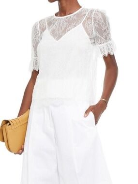 Cami NY white silk camisole with lace short sleeve shirt top blouse Size M